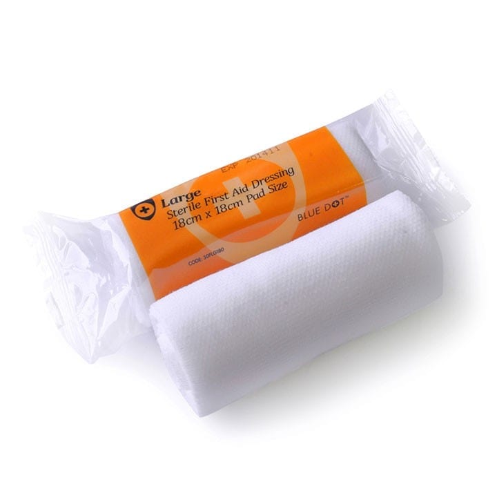 A large sterile wound dressing both in and out of the packet