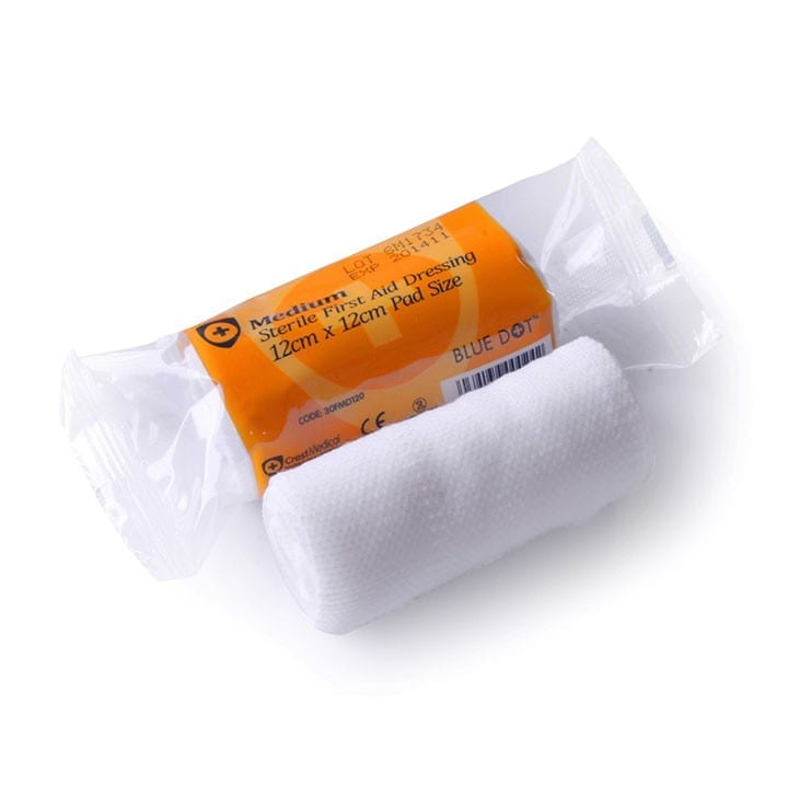 A 12x12 cm sterile wound dressing both in and out of the packet