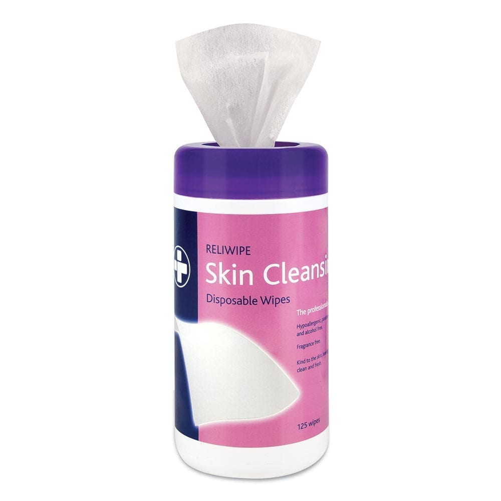 A tub of top feeding skin cleansing disposable wipes. 125 wipes