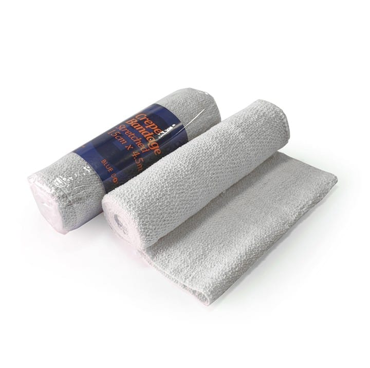 A crepe bandage both in the packet and un-rolled.
