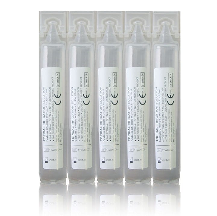 5 eye wash pods each containing 20 ml of solution.