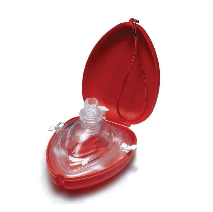 A keychain CPR face mask opened with the device showing.