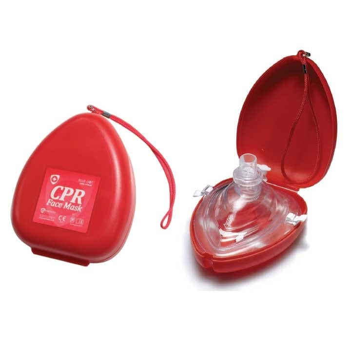 A keychain CPR face mask opened with the device showing and a picture of it closed up.