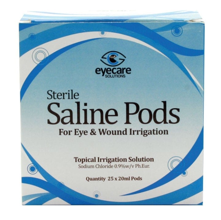 A box that contains 25x25ml pouches of sterile saline eye wash solution.