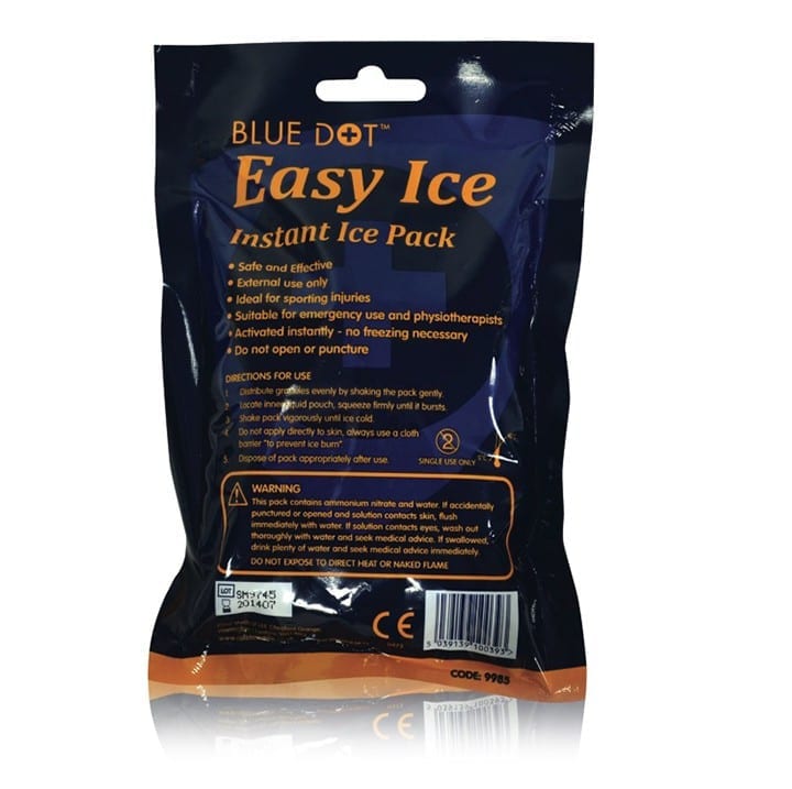 A instant ice pack from Blue Dot. The packet shows the instructions on how to use.