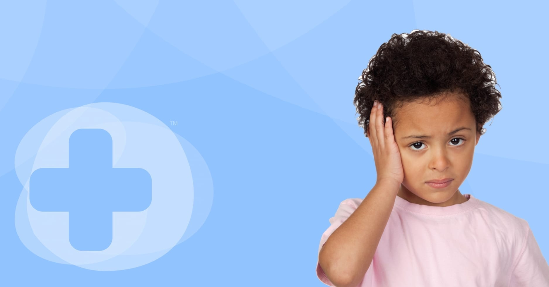 A small child holding the right hand side of his head on a skillbase background