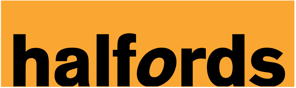Halford logo with black lettering and an orange background