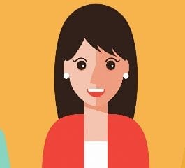 A cartoon lady with dark hair on an orange background.