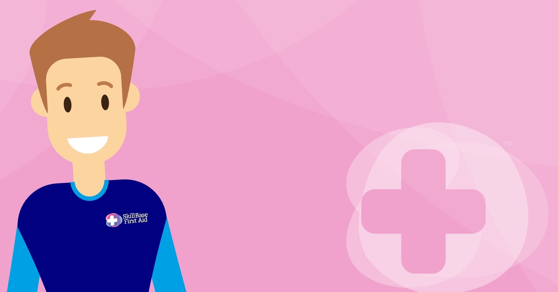 A cartoon man stood in front of a Skillbase First Aid background.
