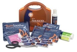 A burn kit with all the contents laid out. With burn patches, soothing bandages and sprays.