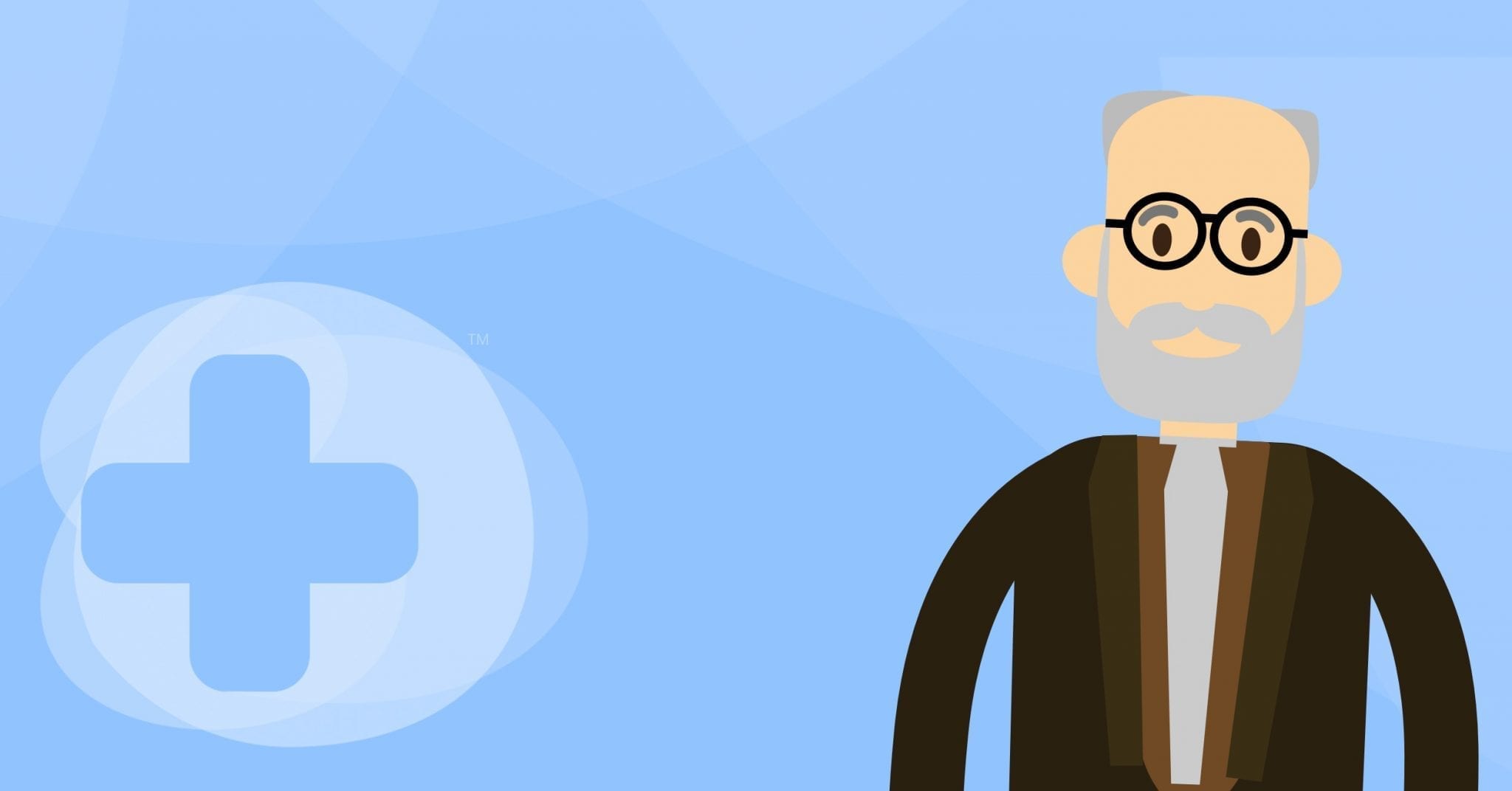 a cartoon of an older man with grey hair and glasses in front of a skillbase first aid banner