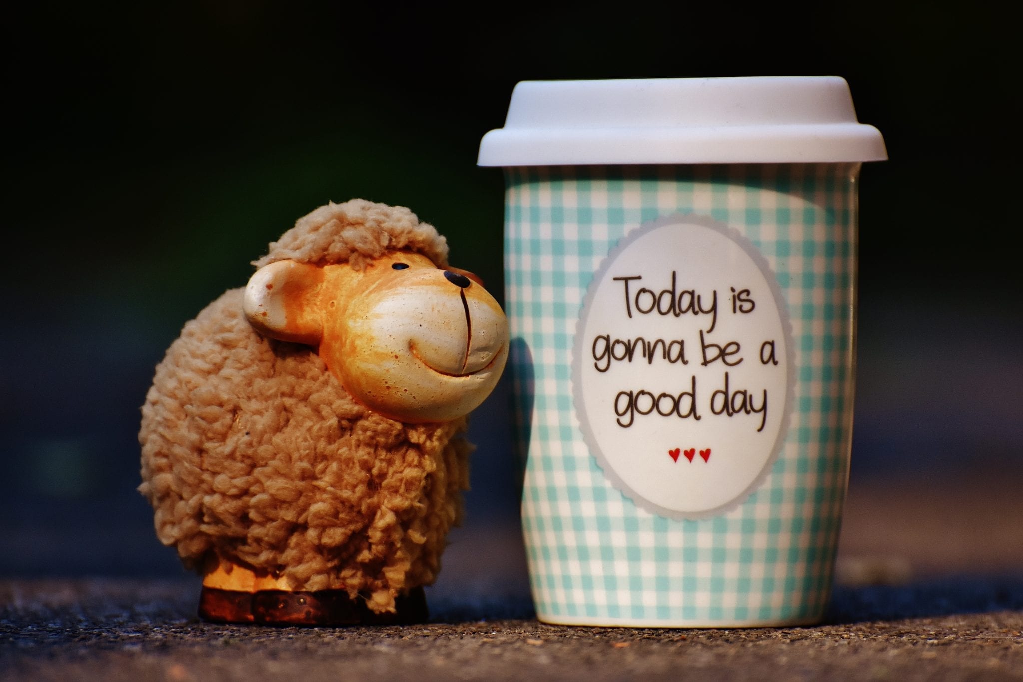 A small sheep ornament placed next to a porcelain coffee cup in the takeaway style.
