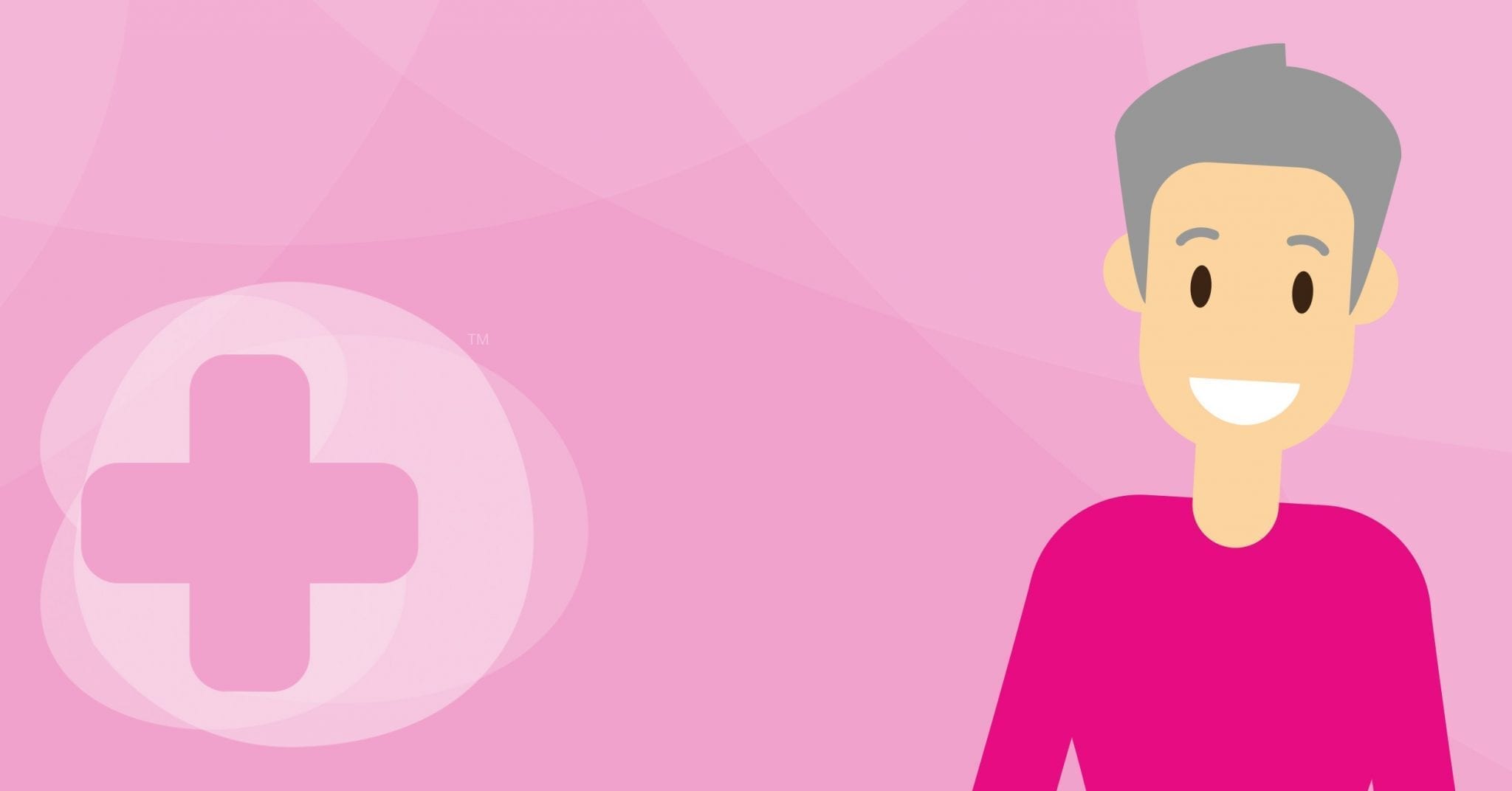 A cartoon man with grey hair stood in front of a pink skillbase banner