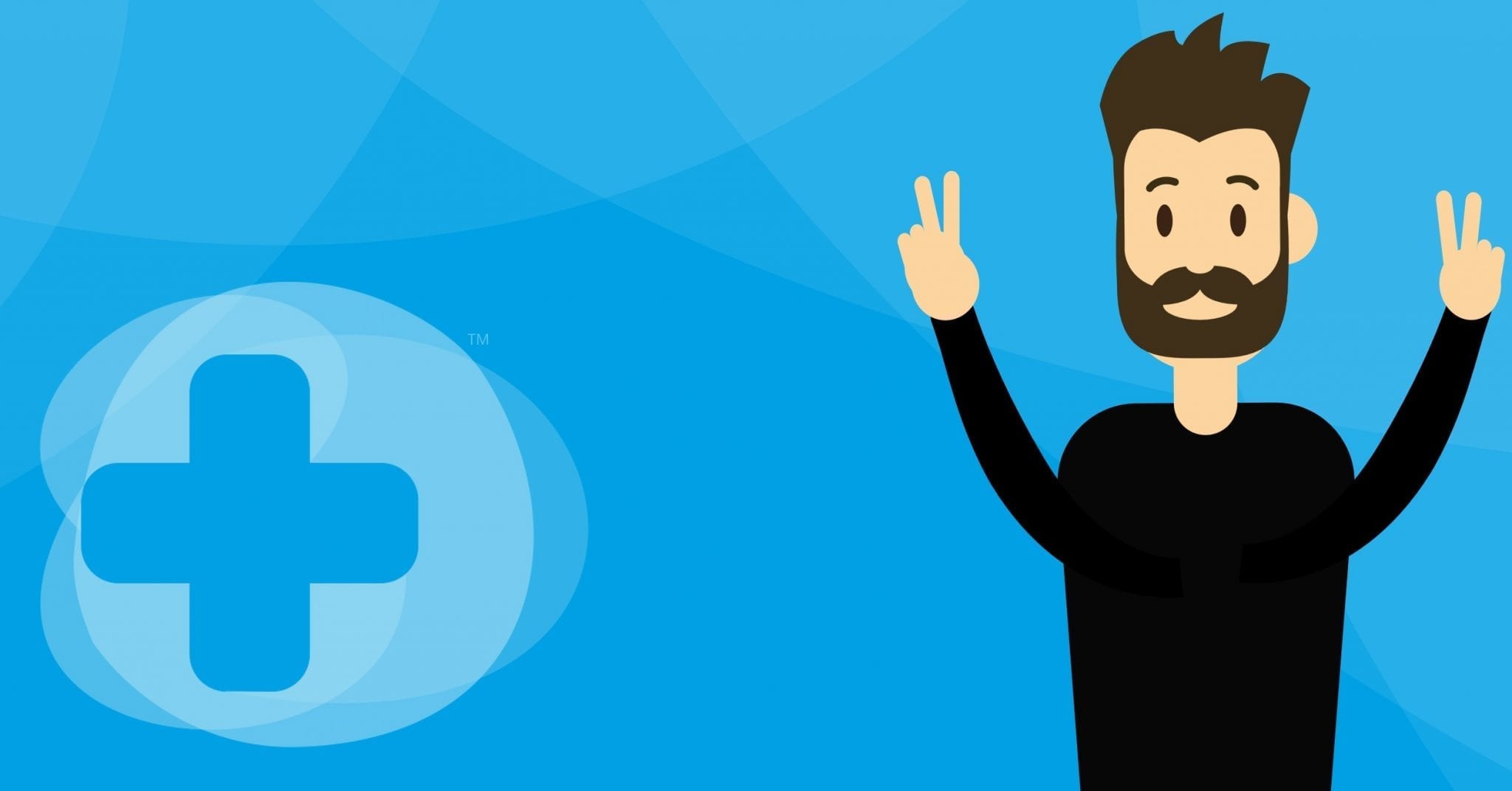 a catoon man showing peace signs with both hands on a skillbase first aid background