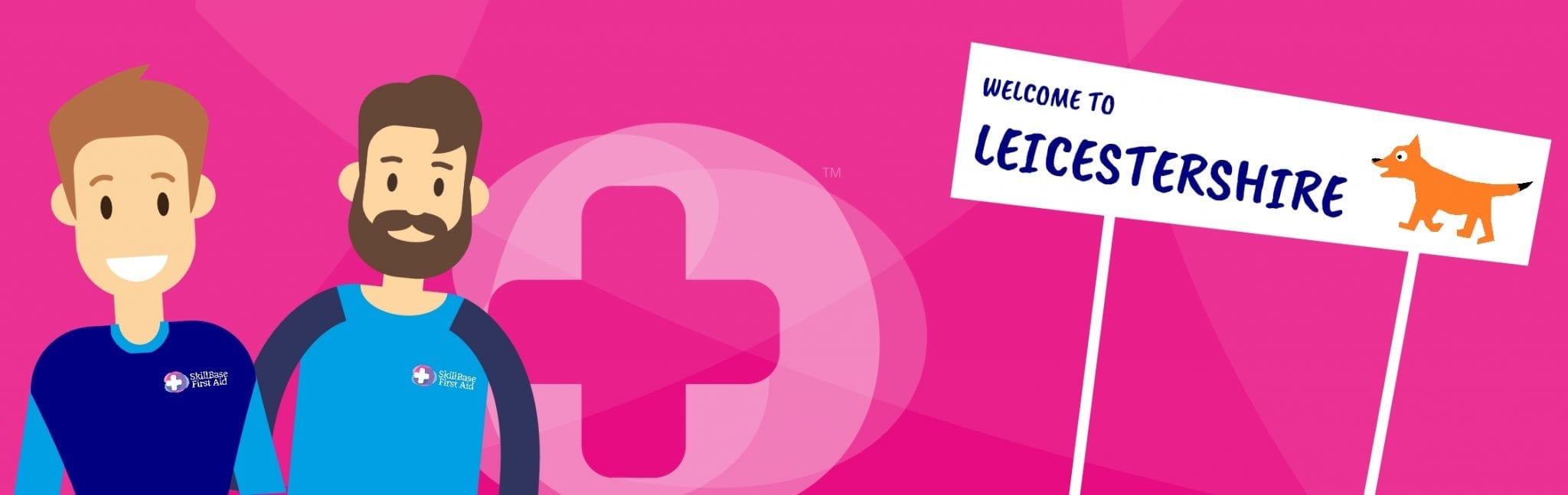 Two cartoon men on a pink banner with the text "welcome to Leicestershire"