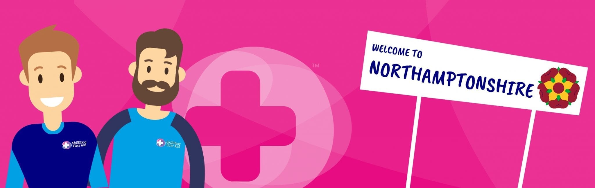 Two cartoon men on a pink banner with the text "welcome to Northamptonshire"