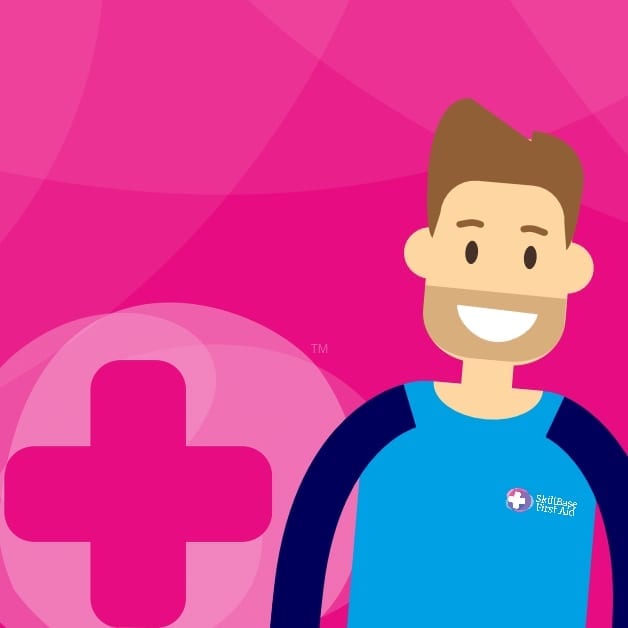 A cartoon man wearing a skillbase first aid shirt on a skillbase branded background.