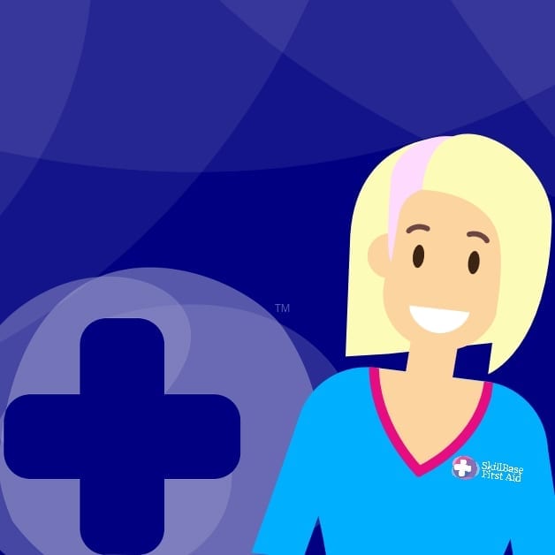 A cartoon lady wearing a skillbase first aid shirt on a skillbase branded background.