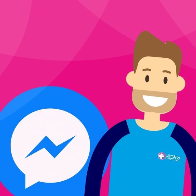 A cartoon man wearing a skillbase first aid shirt on a skillbase branded background.