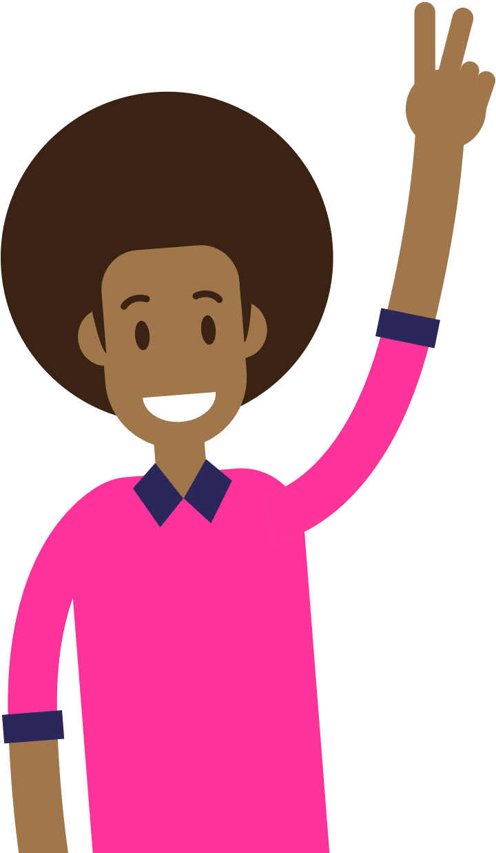 a cartoon man with an afro wearing a pink longsleeve shirt