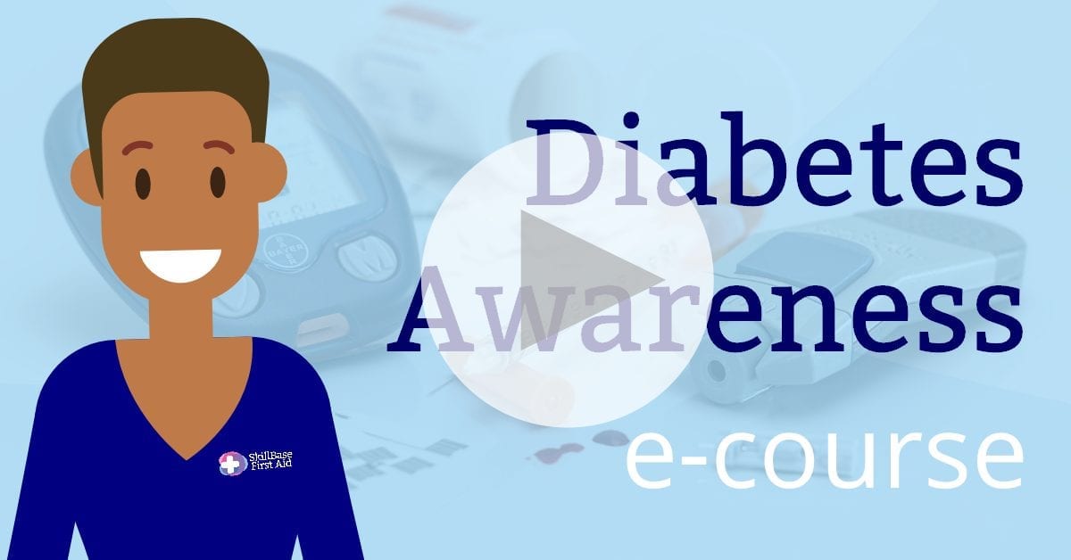 A cartoon man in a blue skillbase first aid t shirt on a blue background with the text Diabetes Awareness Course