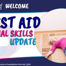 A woman laying on the floor with a concerned woman on the phone asking for help. With the logo First Aid Annual Skills Update.
