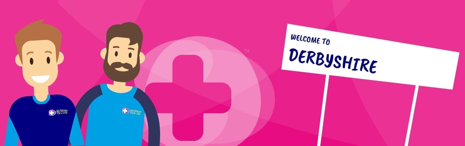 A cartoon image of two men in Skillbase First Aid shirts stood next to a welcome to Derbyshire sign.