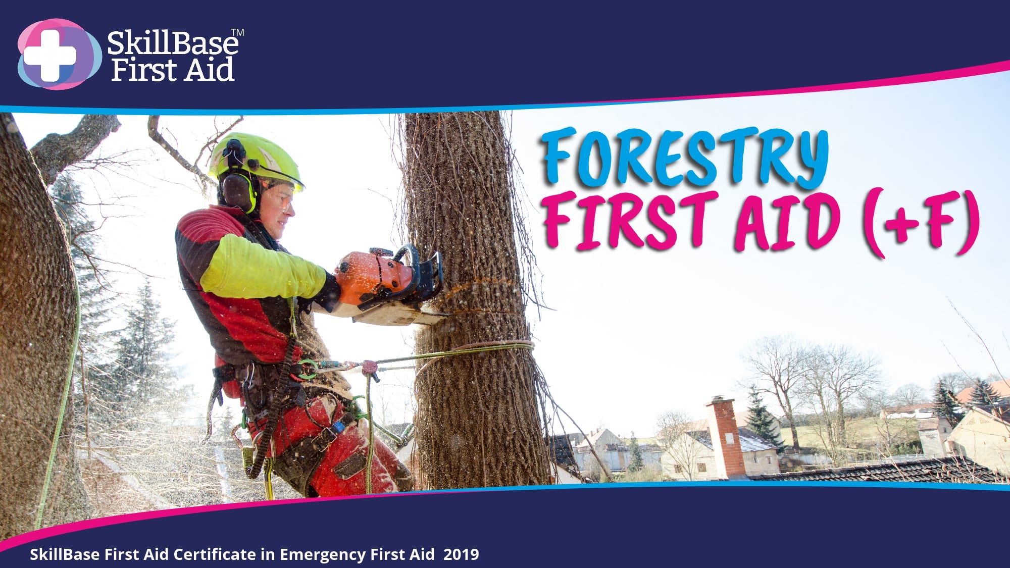 A Tree Surgeon felling a tree with a chainsaw in a residential area