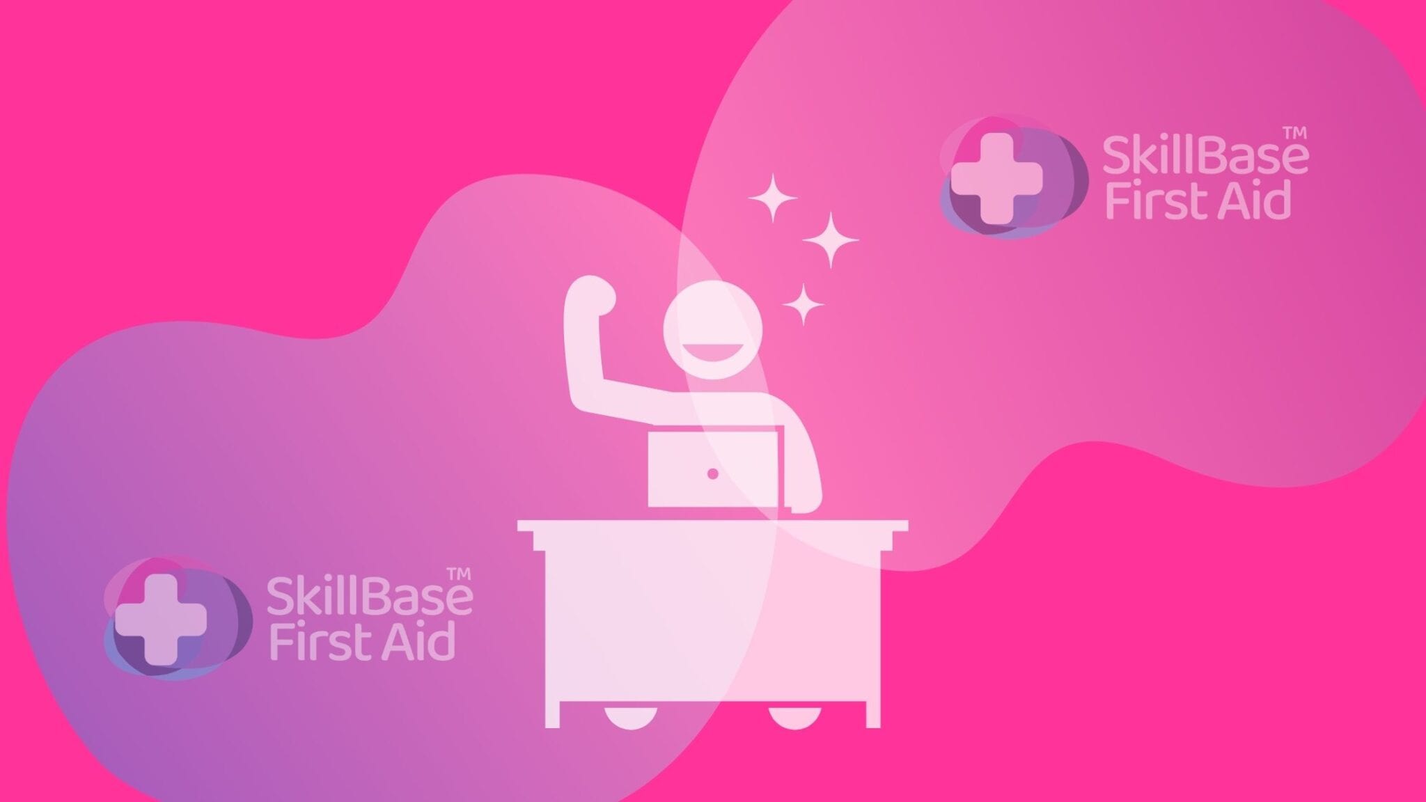A decorative banner about happiness at work. A cartoon man sits at a desk in the middle of the image with skillbase branding.