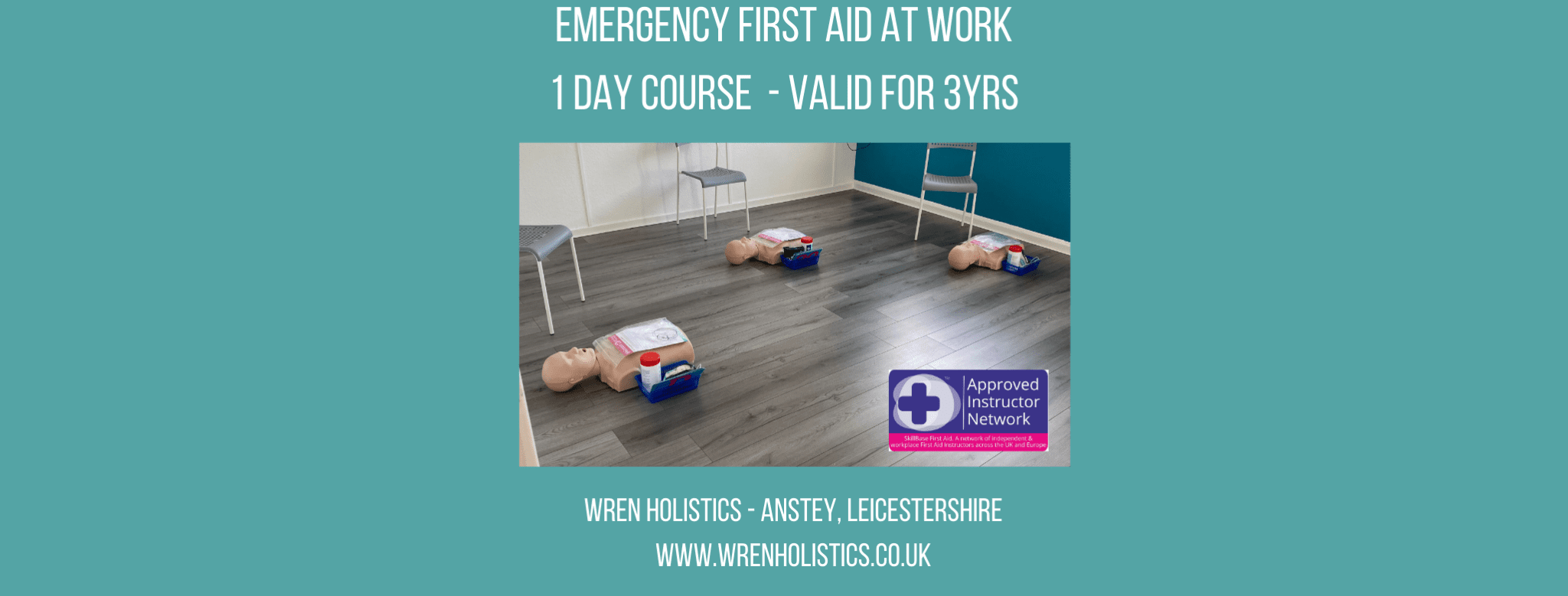 A banner for day 1 of the first aid at work course by skillbase. Shgowing training manikins arranged on the floor before the training starts