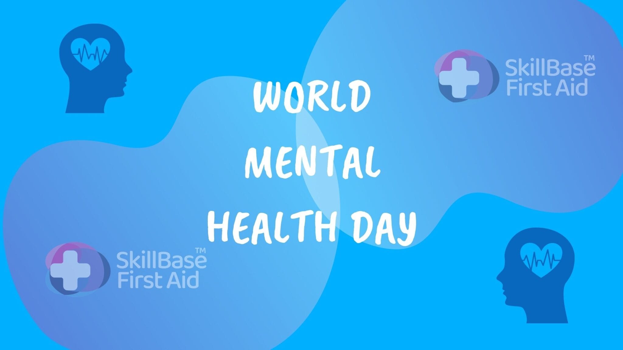 A decorative banner for world mental health day. featuring drawings of human heads with a heart where the brain would be and skillbase branding.