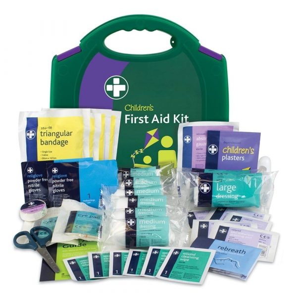 a green childrens first aid kit with all of the contents displayed