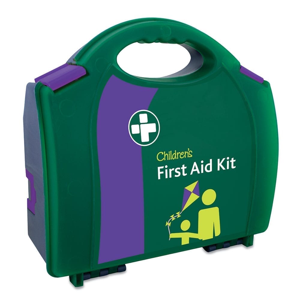 A green children's first aid kit.