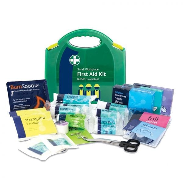 A small workplace first aid kit in green. Which is BS8599-1 compliant with the contents displayed