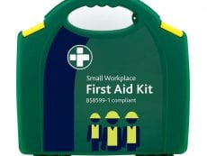 A small workplace first aid kit in green. Which is BS8599-1 compliant