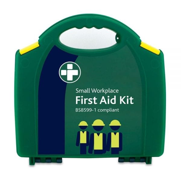 A small workplace first aid kit in green. Which is BS8599-1 compliant