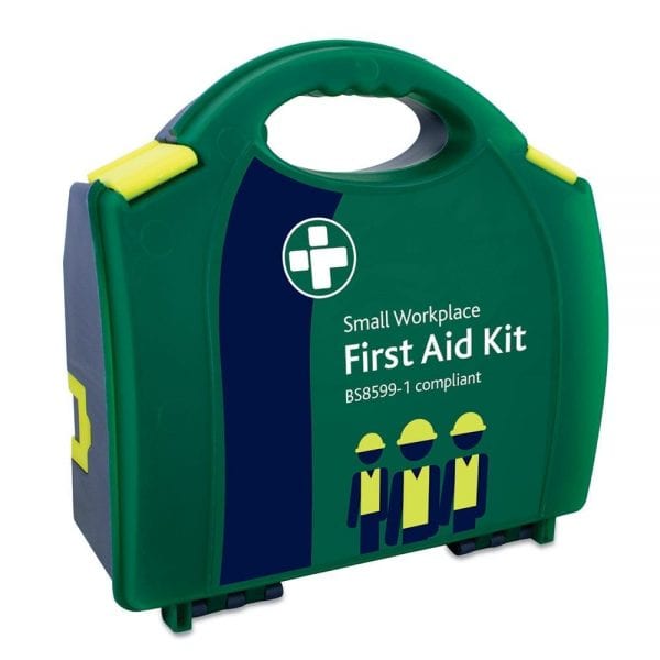 A small workplace first aid kit in green. Which is BS8599-1 compliant