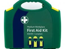 A medium workplace first aid kit in green which is BS8599-1 compliant.