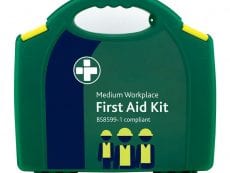 A medium workplace first aid kit in green which is BS8599-1 compliant.