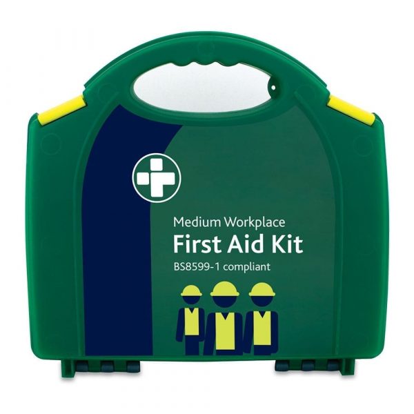 A medium workplace first aid kit in green which is BS8599-1 compliant.