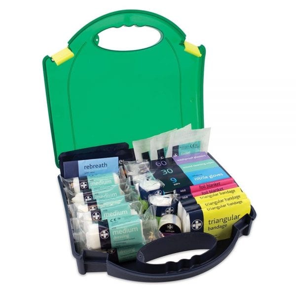 A medium workplace first aid kit in green which is BS8599-1 compliant. The contents are displayed