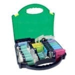A large workplace first aid kit in green which is BS8599-1 compliant. The contents are displayed