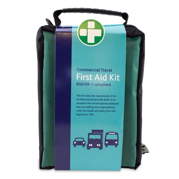 A commercial travel first aid kit in a zip up bag which is BS8599-1 compliant