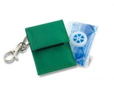 A key chain Rebreath face shield device that comes in a handy pouch.