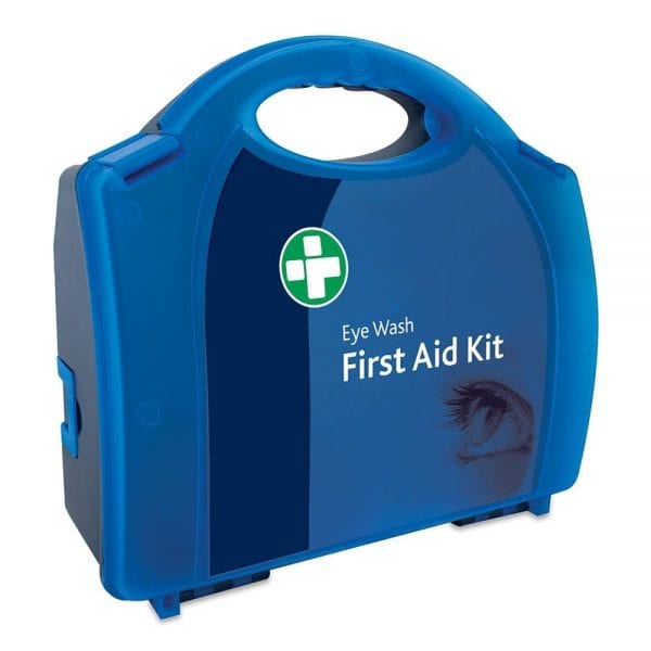 a blue eye wash first aid kit.
