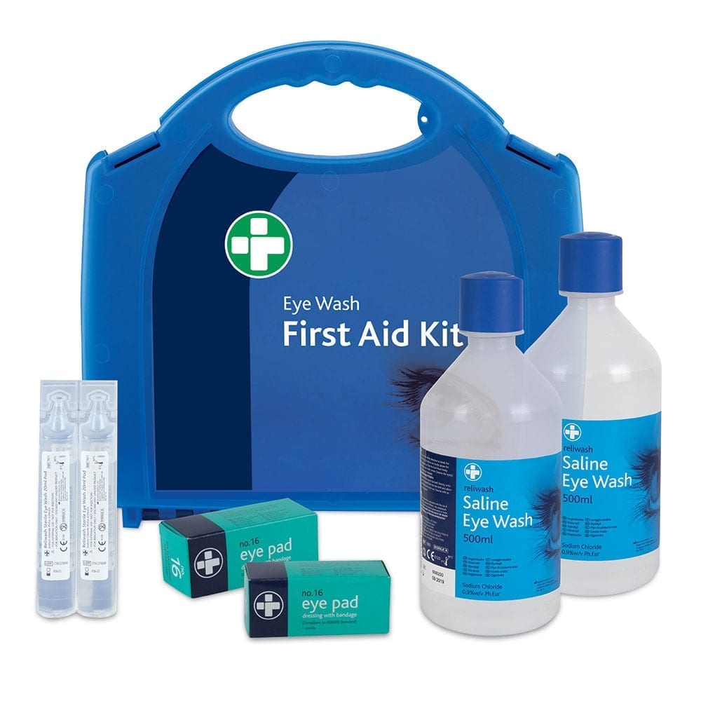 A blue eye wash first aid kit with the contents displayed.