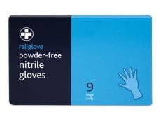 A box of powder-free nitrile gloves. 9 large pairs