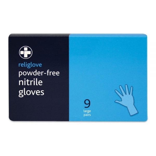 A box of powder-free nitrile gloves. 9 large pairs