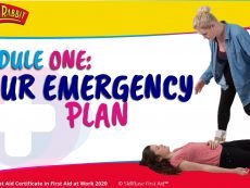 A banner for the module one training. Your emergency plan. With a lady walking up to another lady who is on the floor unconscious