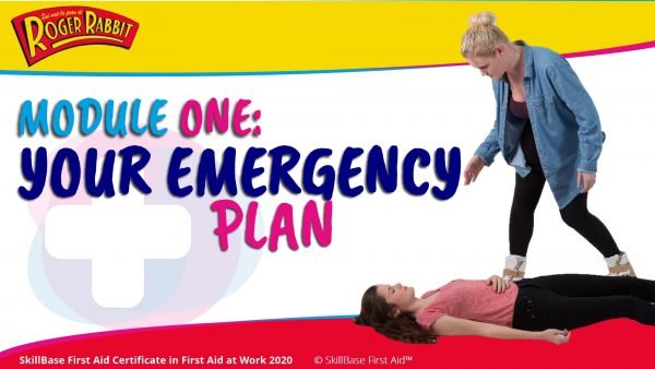 A banner for the module one training. Your emergency plan. With a lady walking up to another lady who is on the floor unconscious